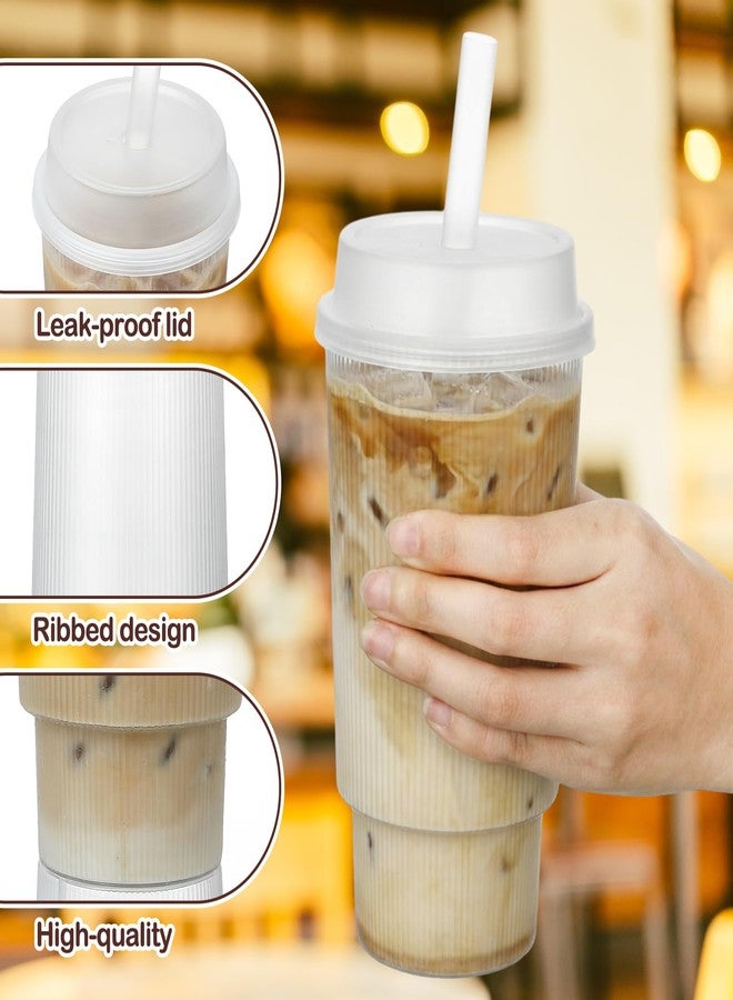 Ferrochef 25 Set 22 oz Plastic Ribbed Cups with Lids and Straws Disposable Plastic Ribbed Iced Coffee Cup for Cold Beverage Juice Smoothie Crystal for Coffee Shops Party Catering - Image 4
